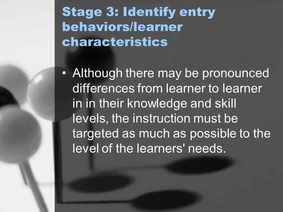 Stage 3: Identify entry behaviors/learner characteristics