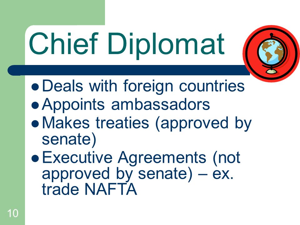 Chief Diplomat Deals with foreign countries Appoints ambassadors