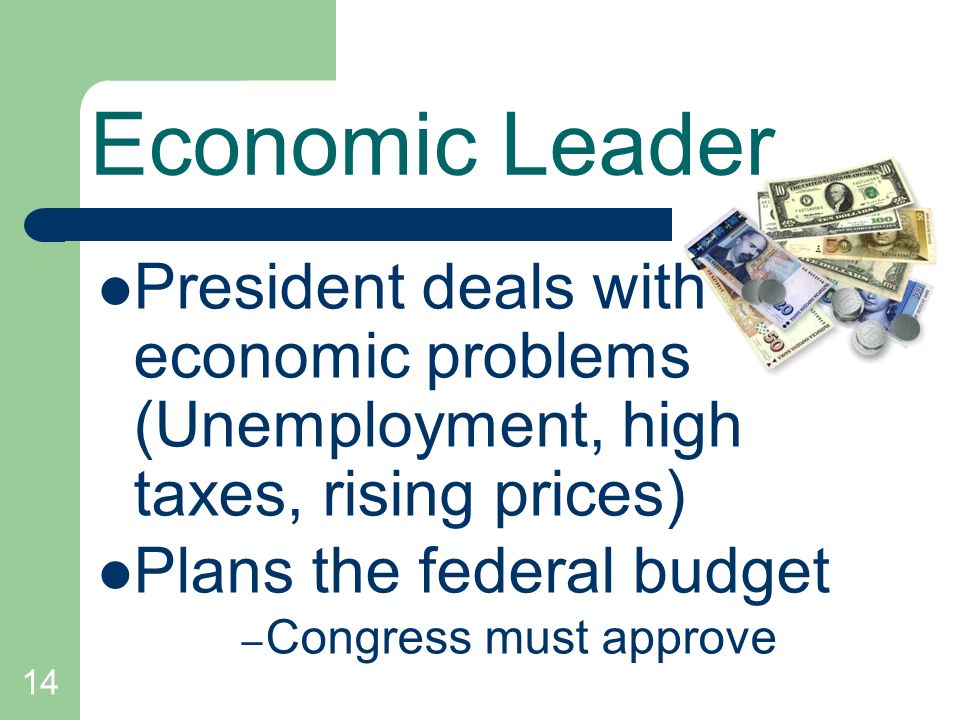 Economic Leader President deals with economic problems (Unemployment, high taxes, rising prices)