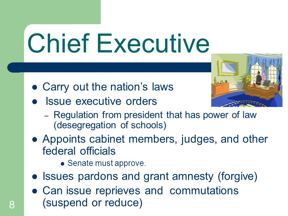 Chief Executive Carry out the nation’s laws Issue executive orders