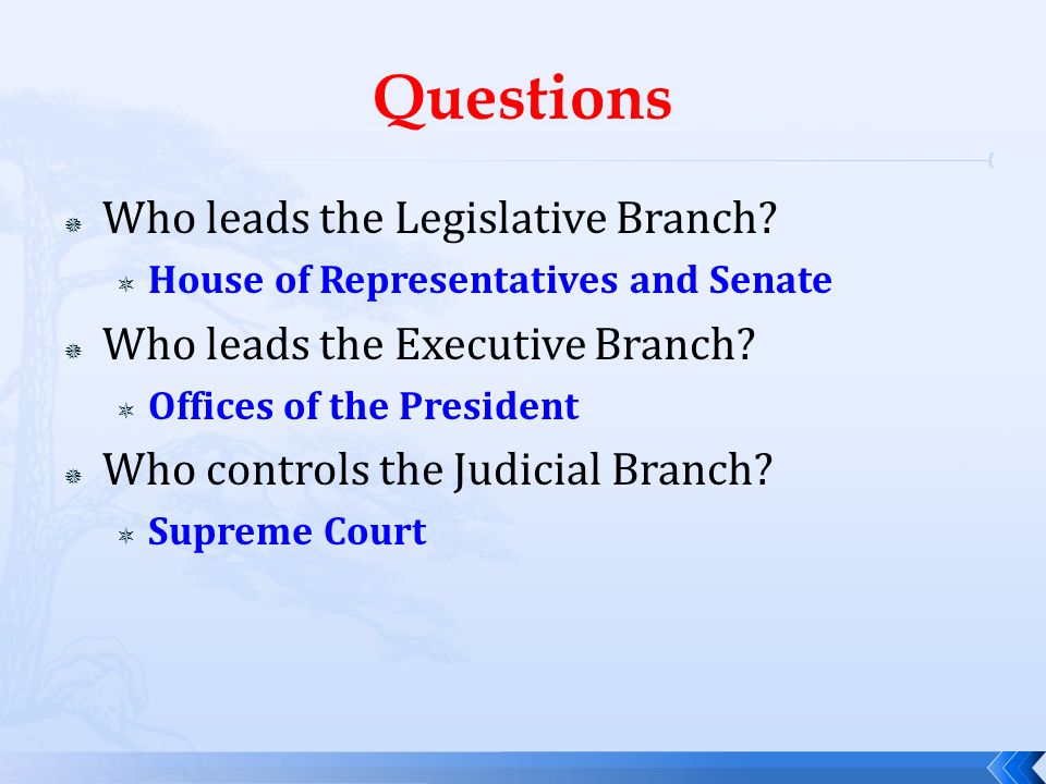 Questions Who leads the Legislative Branch