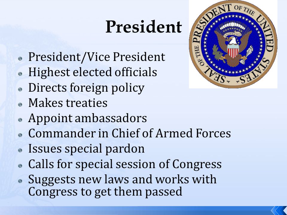 President President/Vice President Highest elected officials