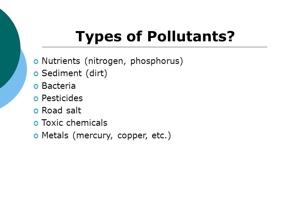 Types of Pollutants Nutrients (nitrogen, phosphorus) Sediment (dirt)