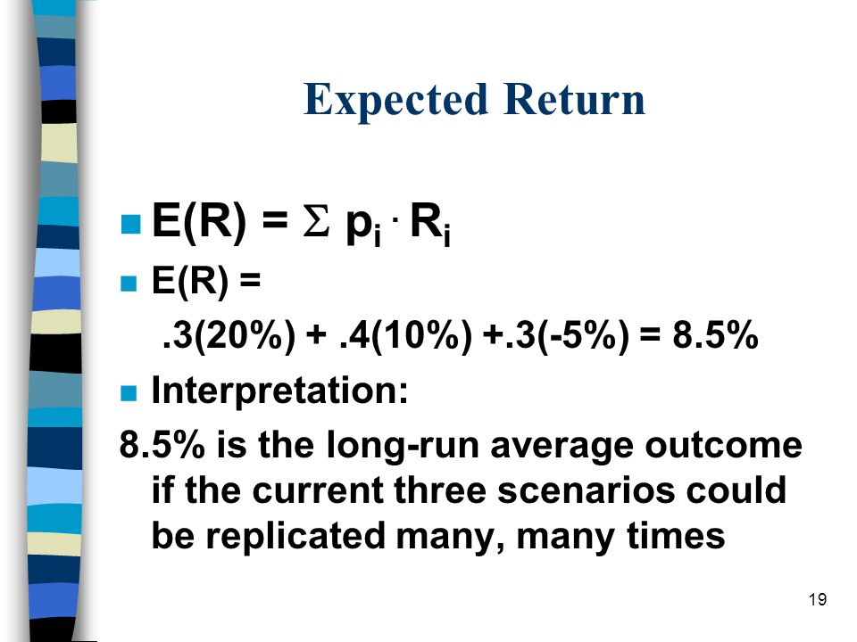 Expected Return E(R) =  pi . Ri E(R) =
