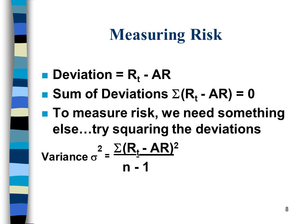 Measuring Risk Variance 2 = (Rt - AR)2 Deviation = Rt - AR