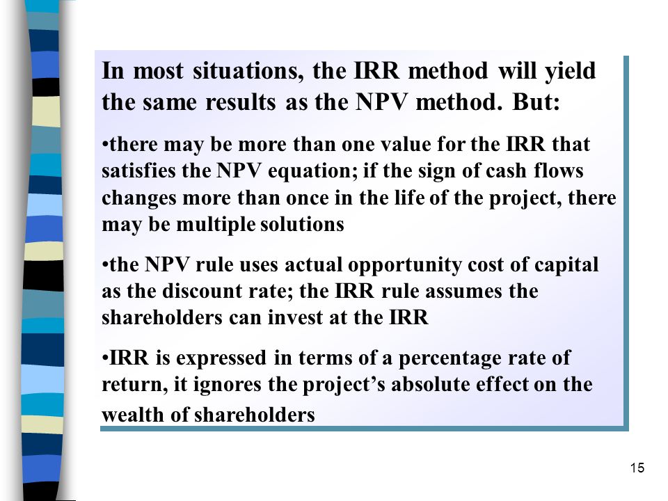 In most situations, the IRR method will yield the same results as the NPV method. But: