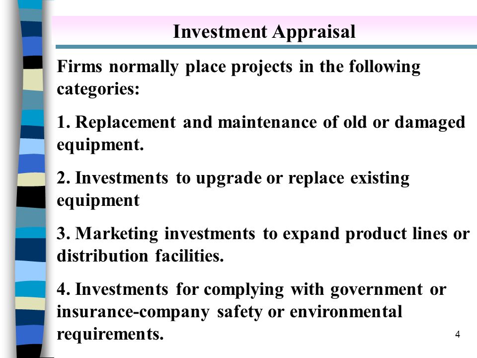 Investment Appraisal Firms normally place projects in the following categories: 1. Replacement and maintenance of old or damaged equipment.