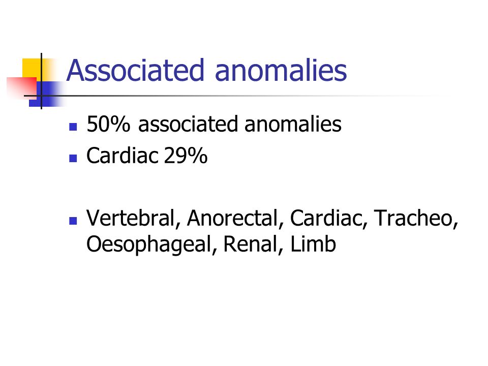 Associated anomalies 50% associated anomalies Cardiac 29%
