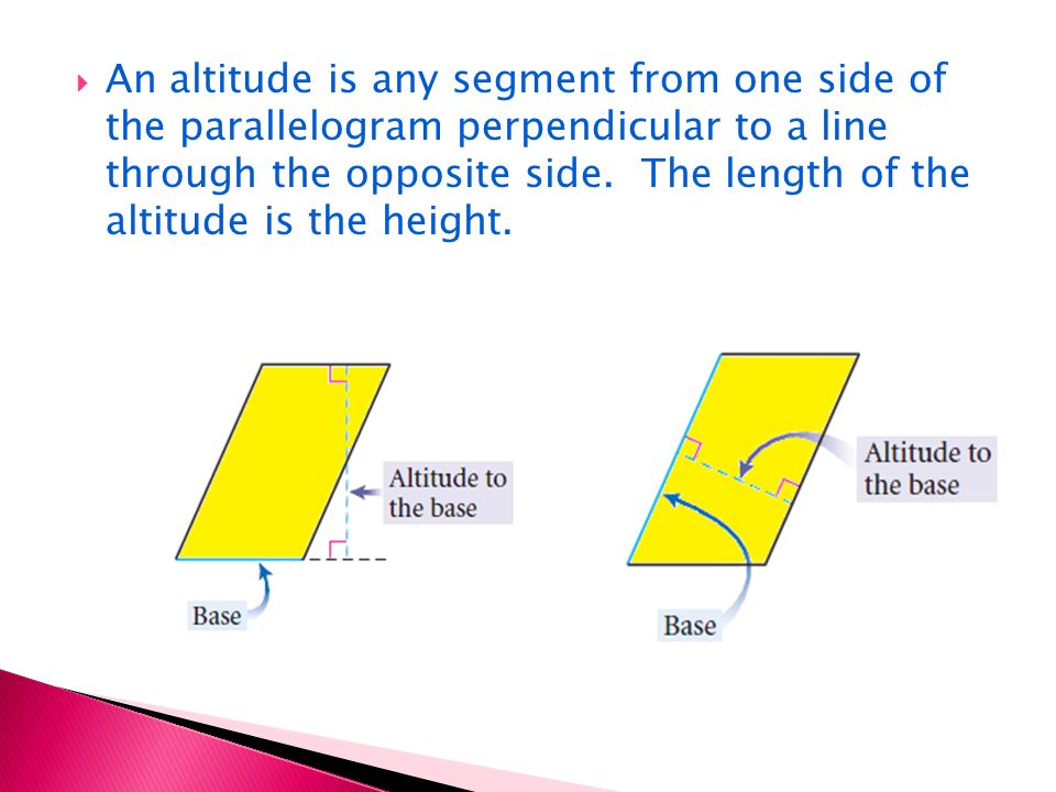 An altitude is any segment from one side of the parallelogram perpendicular to a line through the opposite side.
