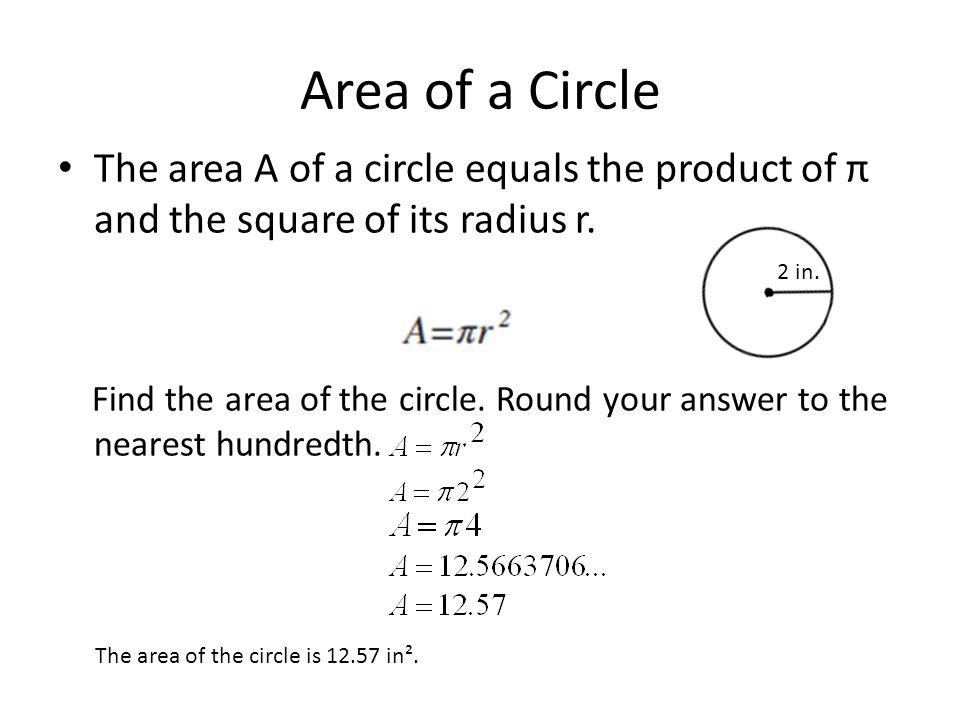 Area of a Circle The area A of a circle equals the product of π and the square of its radius r.