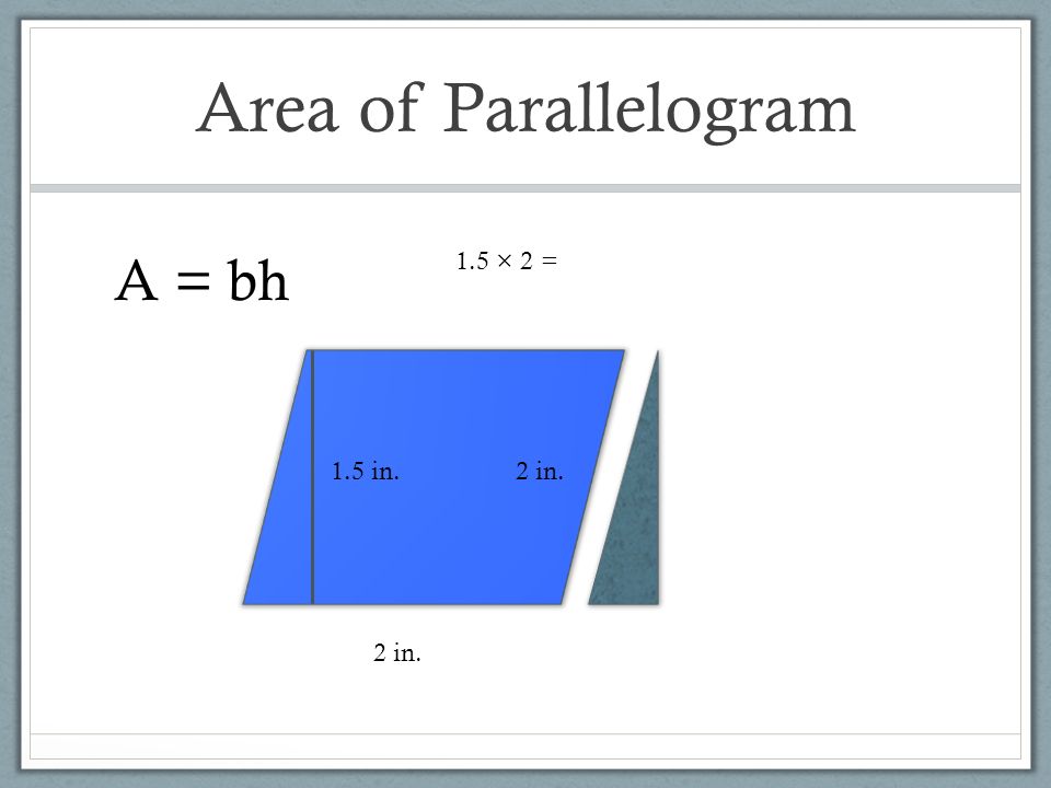 Area of Parallelogram A = bh 1.5 × 2 = 1.5 in. 2 in. 2 in.