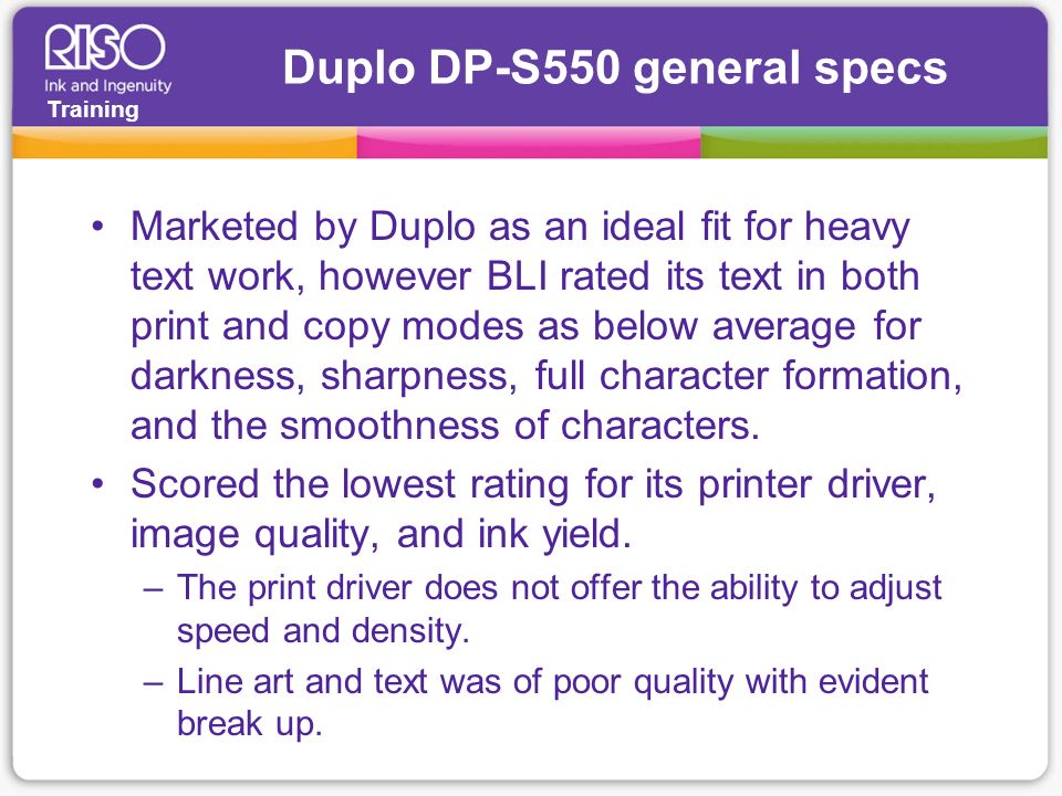 Duplo DP-S550 general specs