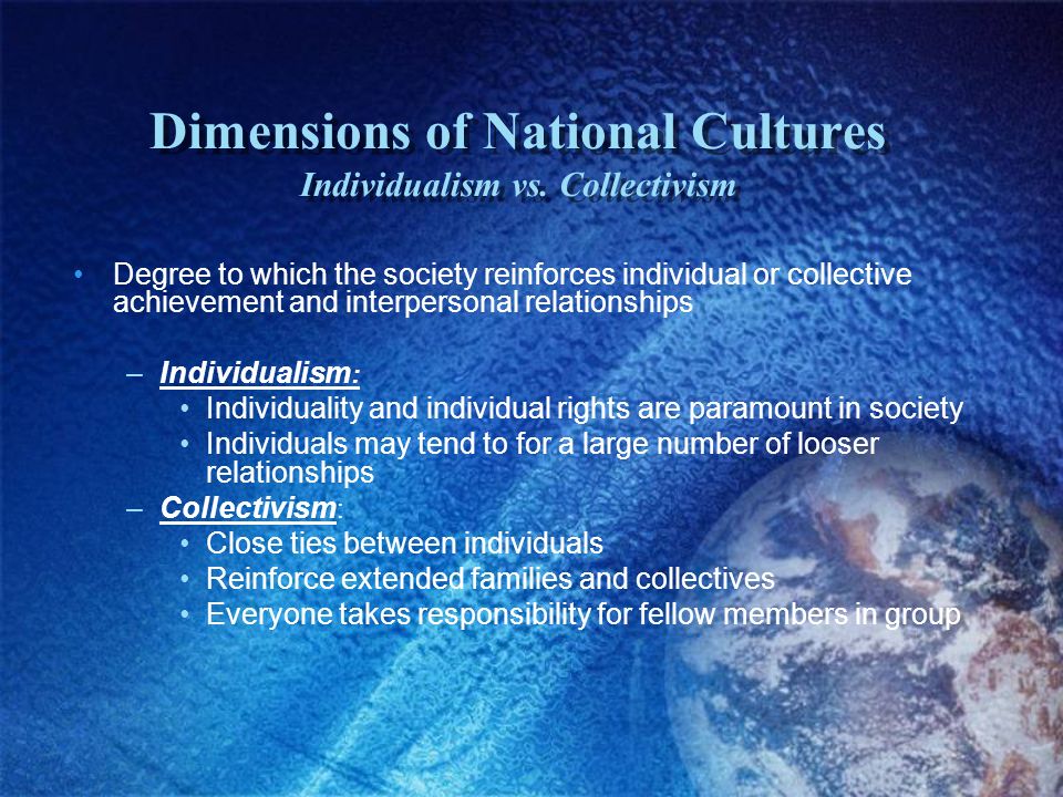 Dimensions of National Cultures Individualism vs. Collectivism