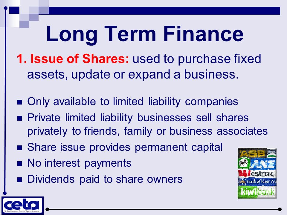 Long Term Finance 1. Issue of Shares: used to purchase fixed assets, update or expand a business. Only available to limited liability companies.