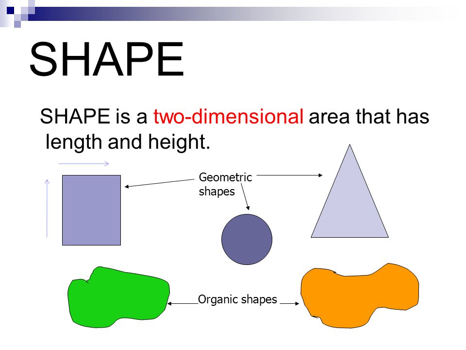 SHAPE SHAPE is a two-dimensional area that has length and height.