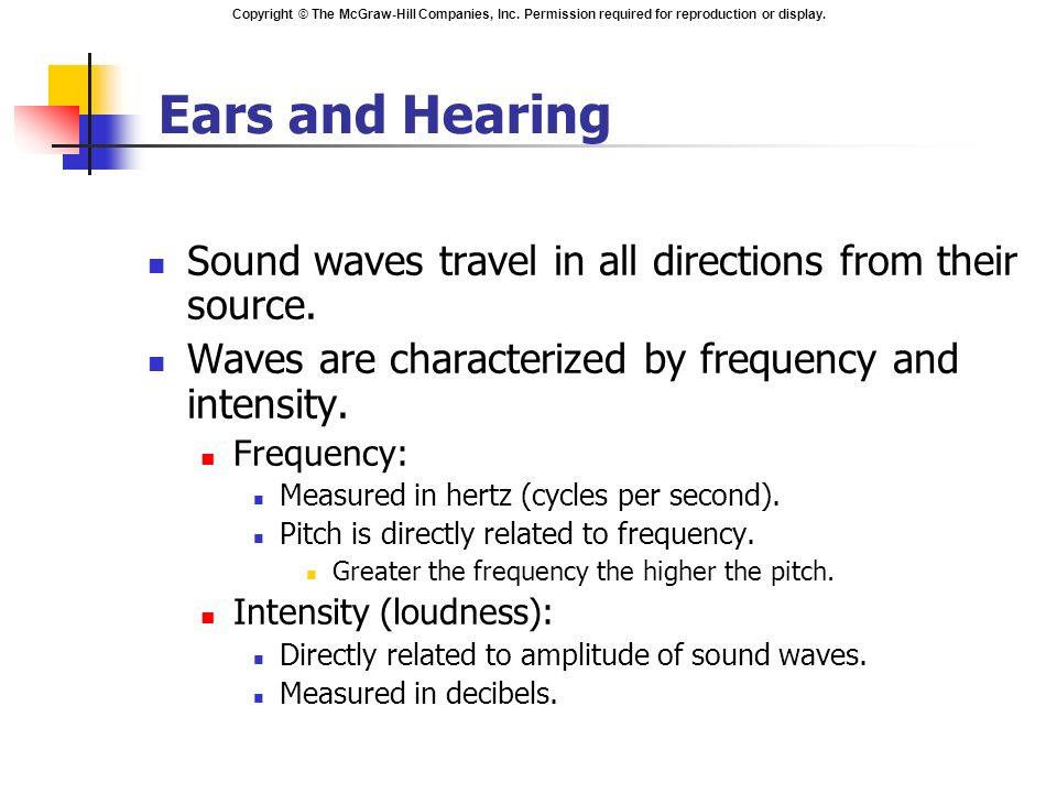 Ears and Hearing Sound waves travel in all directions from their source. Waves are characterized by frequency and intensity.