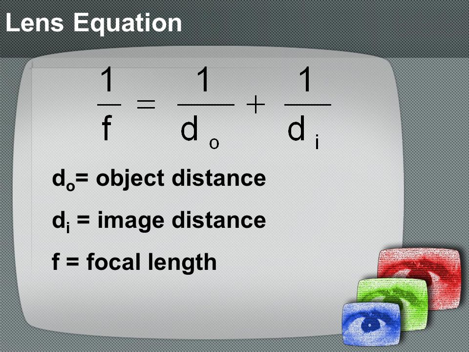 Lens Equation do= object distance di = image distance f = focal length