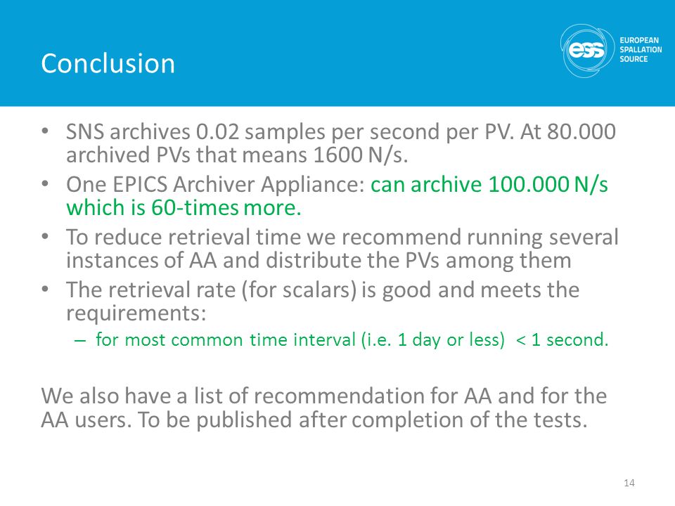 Conclusion SNS archives 0.02 samples per second per PV. At archived PVs that means 1600 N/s.