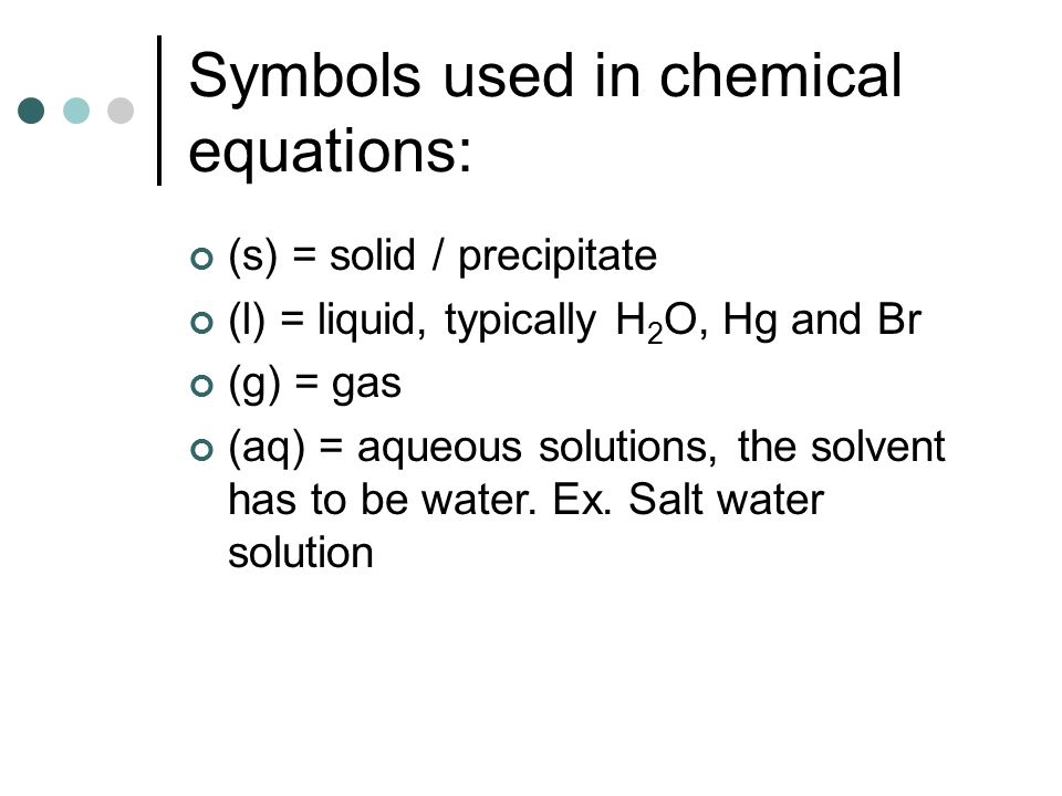 Symbols used in chemical equations: