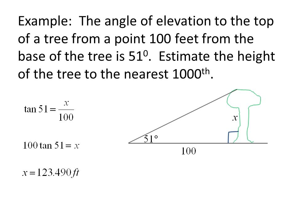 Example: The angle of elevation to the top of a tree from a point 100 feet from the base of the tree is 510.