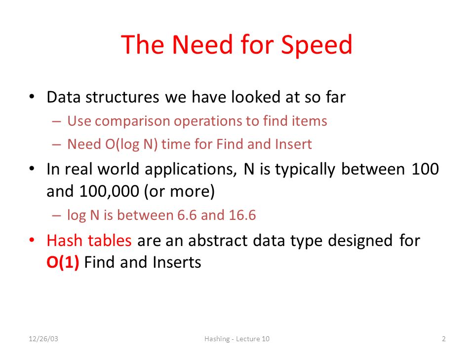 The Need for Speed Data structures we have looked at so far