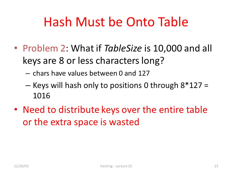 Hash Must be Onto Table Problem 2: What if TableSize is 10,000 and all keys are 8 or less characters long