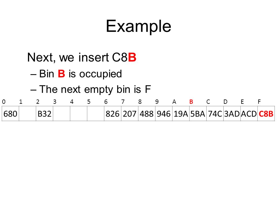 Example Next, we insert C8B Bin B is occupied The next empty bin is F