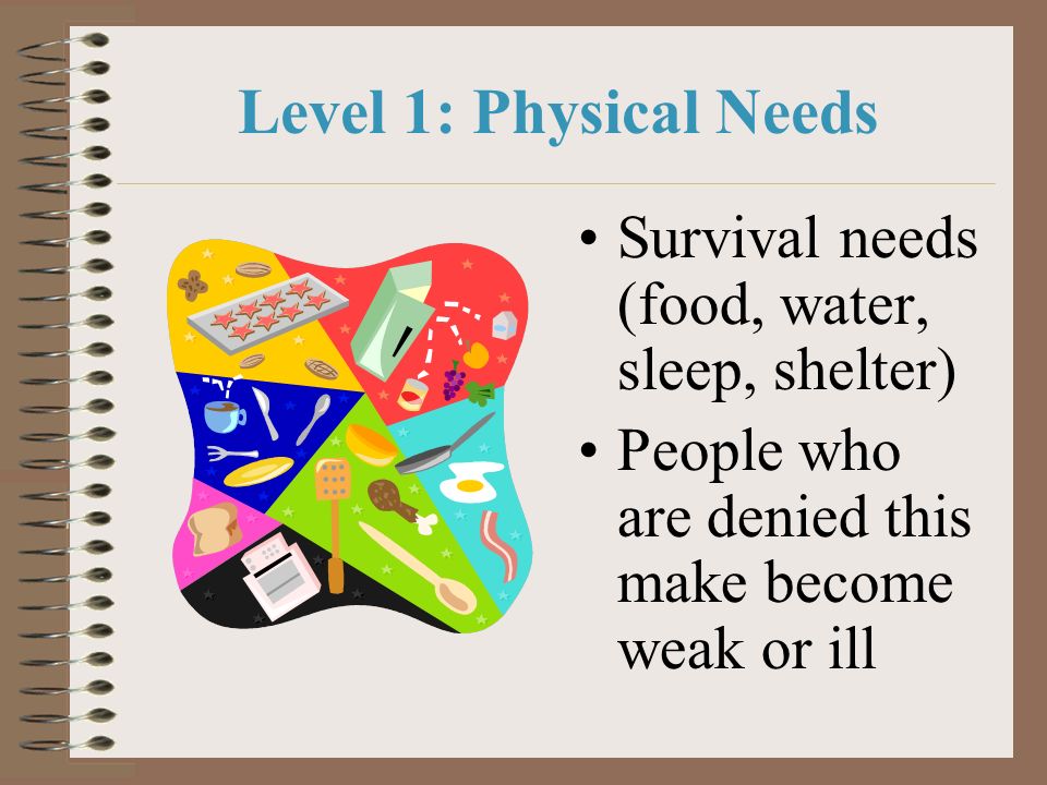 Level 1: Physical Needs Survival needs (food, water, sleep, shelter)