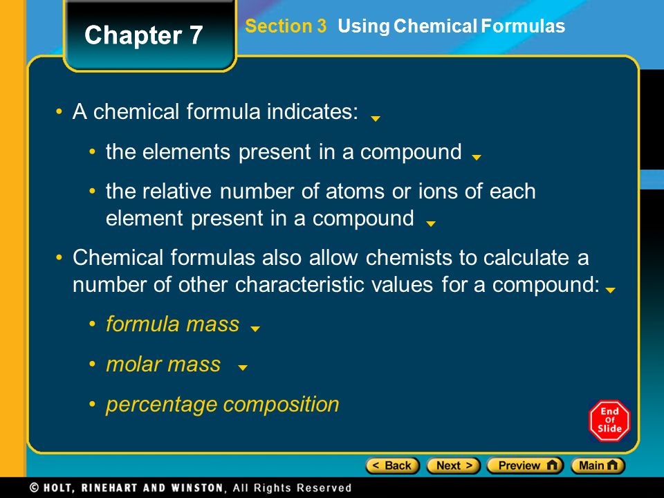 Chapter 7 A chemical formula indicates: