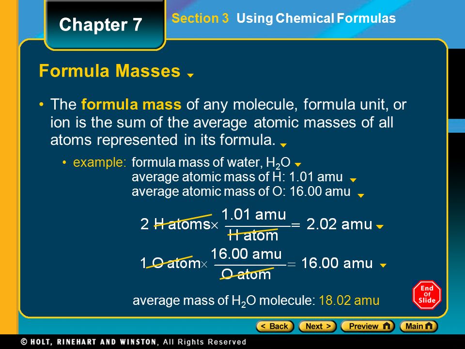 average mass of H2O molecule: amu