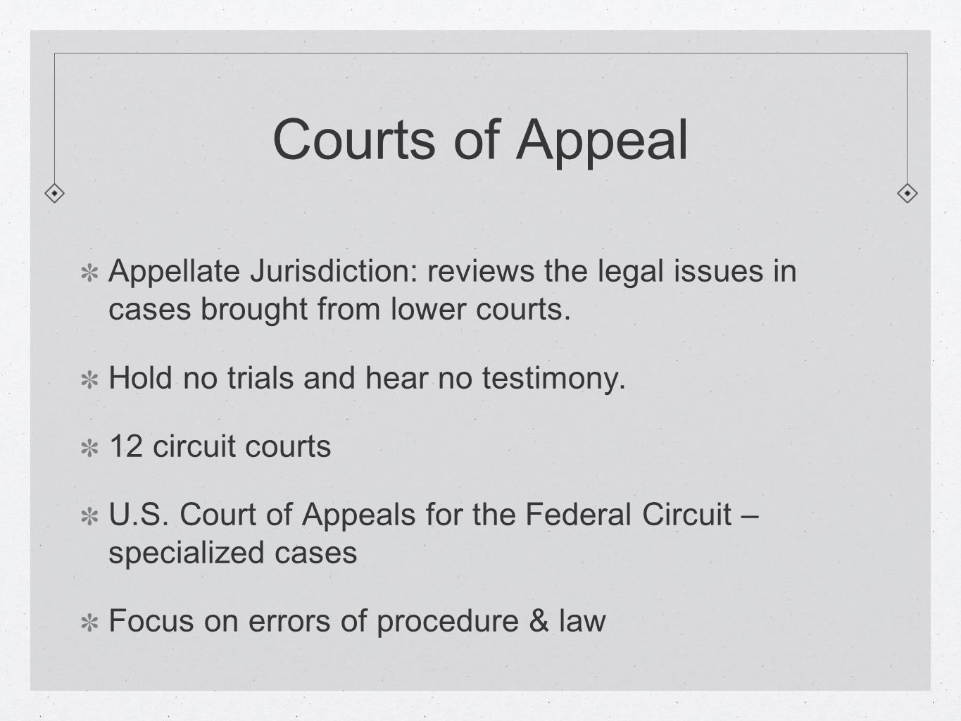 Courts of Appeal Appellate Jurisdiction: reviews the legal issues in cases brought from lower courts.