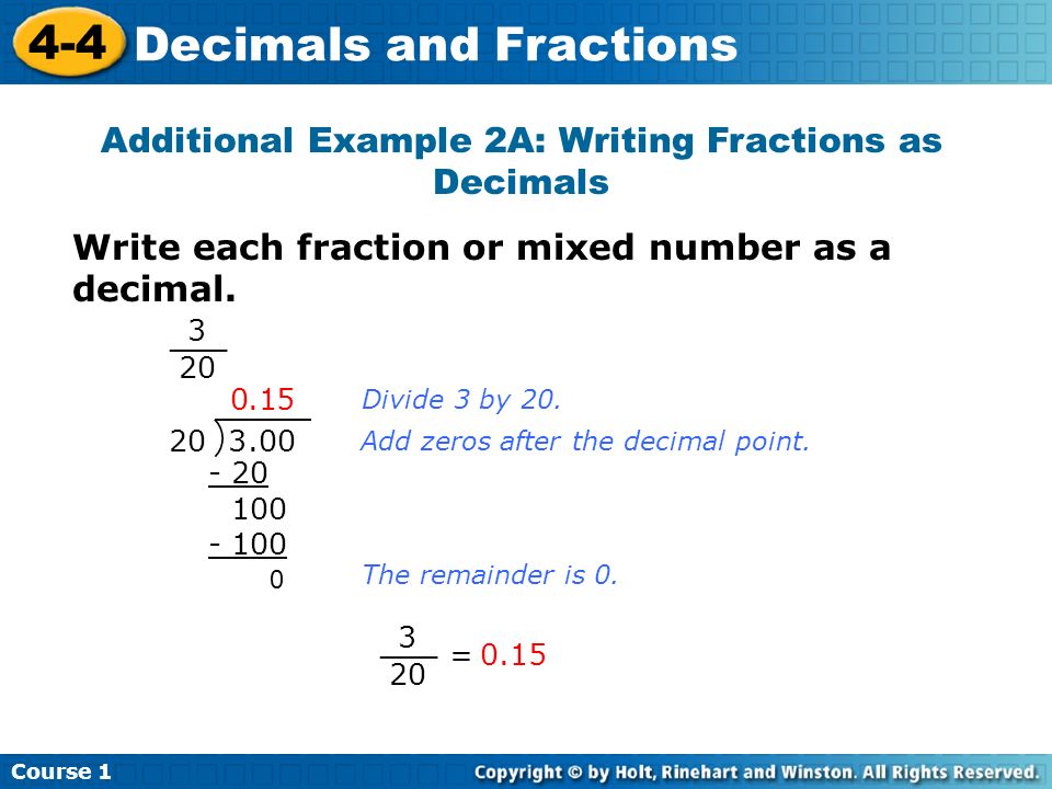 Additional Example 2A: Writing Fractions as Decimals