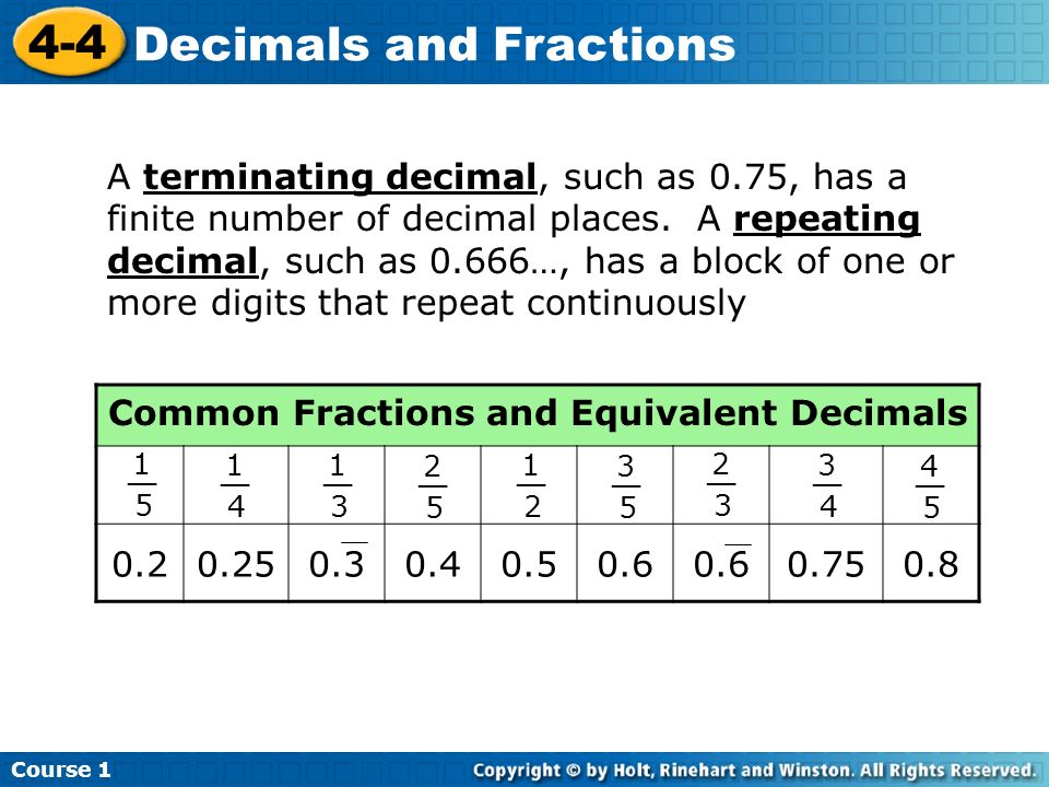 Common Fractions and Equivalent Decimals