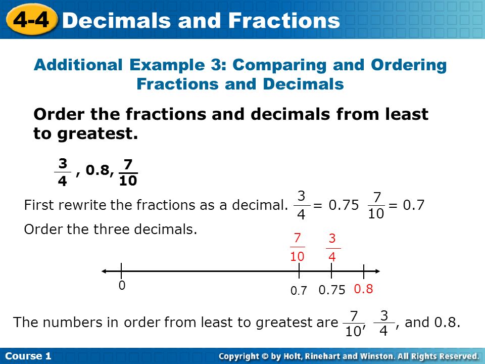 Additional Example 3: Comparing and Ordering Fractions and Decimals