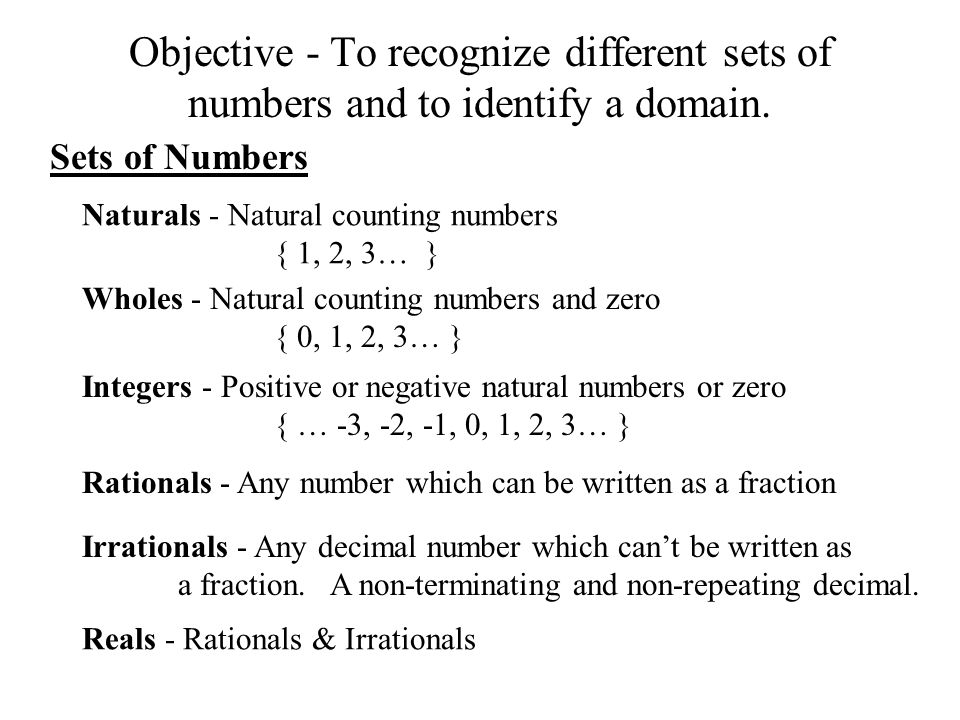 Objective - To recognize different sets of numbers and to identify a domain.