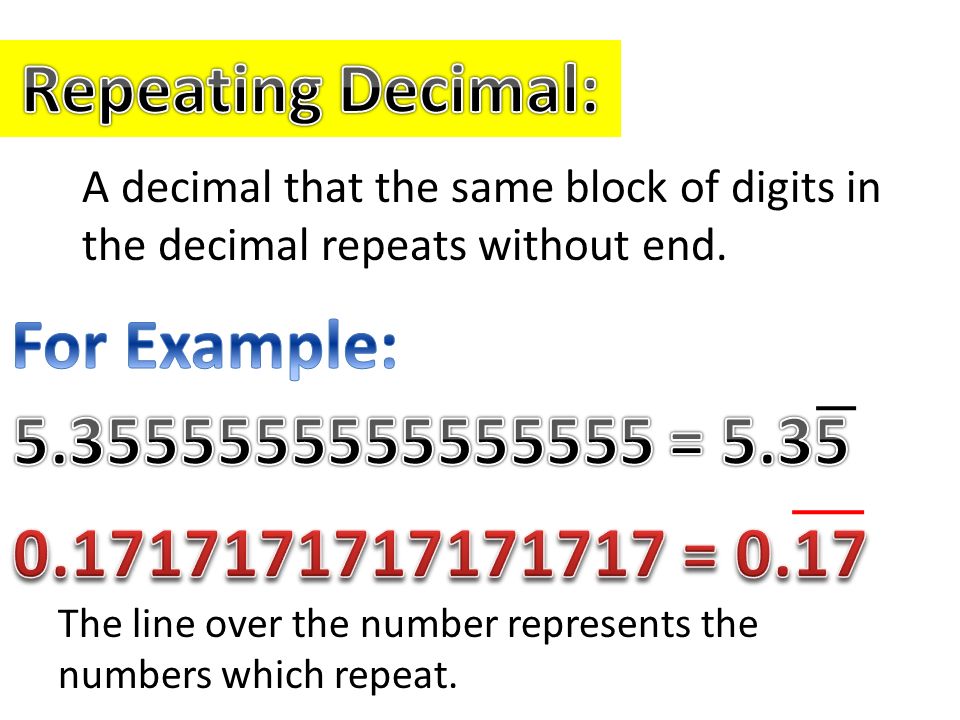 Repeating Decimal: For Example: = 5.35