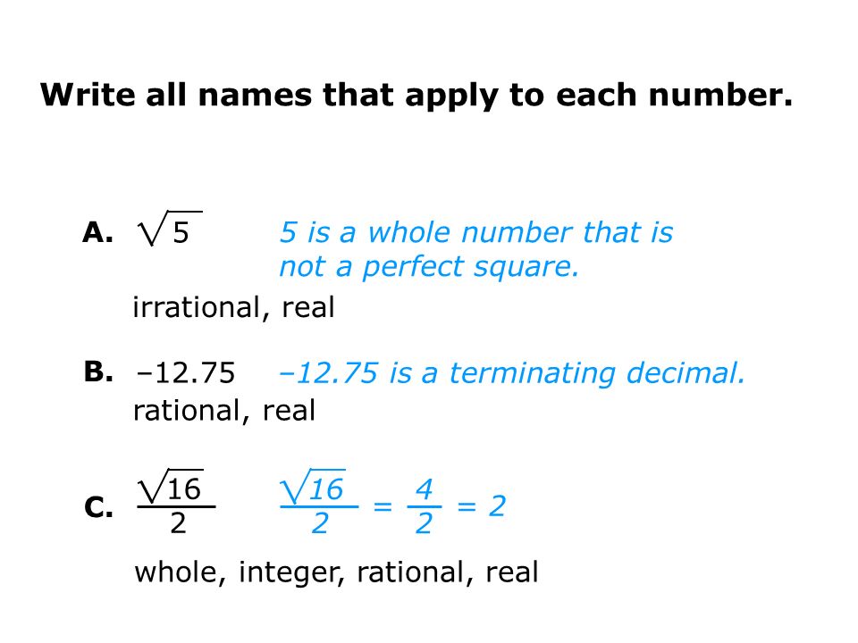 Write all names that apply to each number.