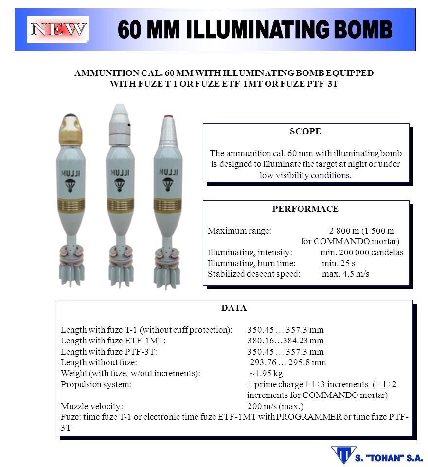 60 MM ILLUMINATING BOMB NEW. AMMUNITION CAL. 60 MM WITH ILLUMINATING BOMB EQUIPPED. WITH FUZE T-1 OR FUZE ETF-1MT OR FUZE PTF-3T.
