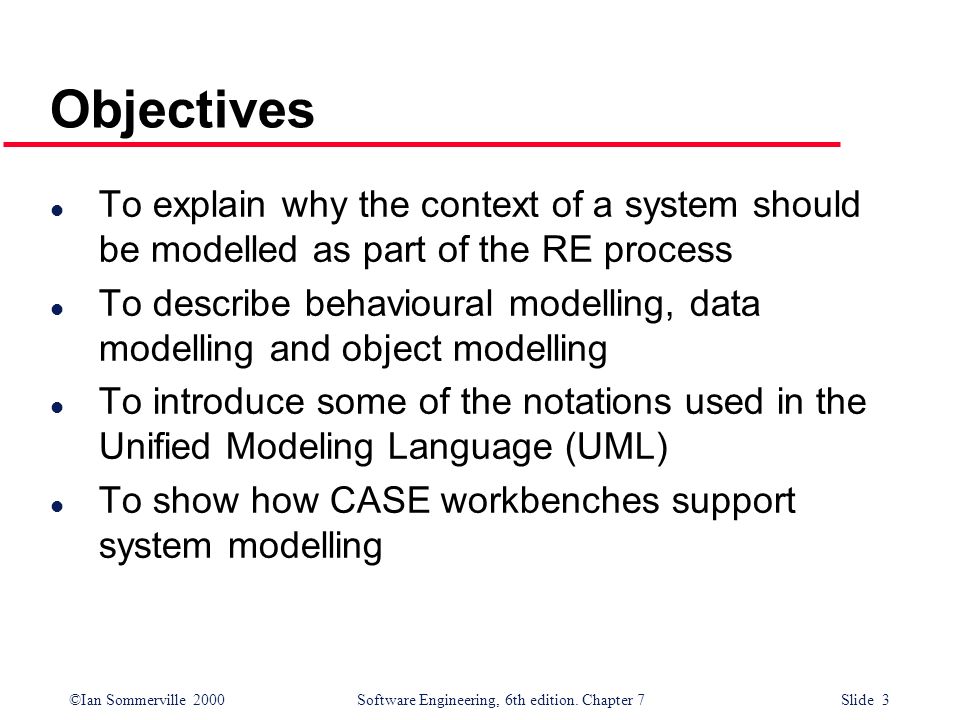 Objectives To explain why the context of a system should be modelled as part of the RE process.