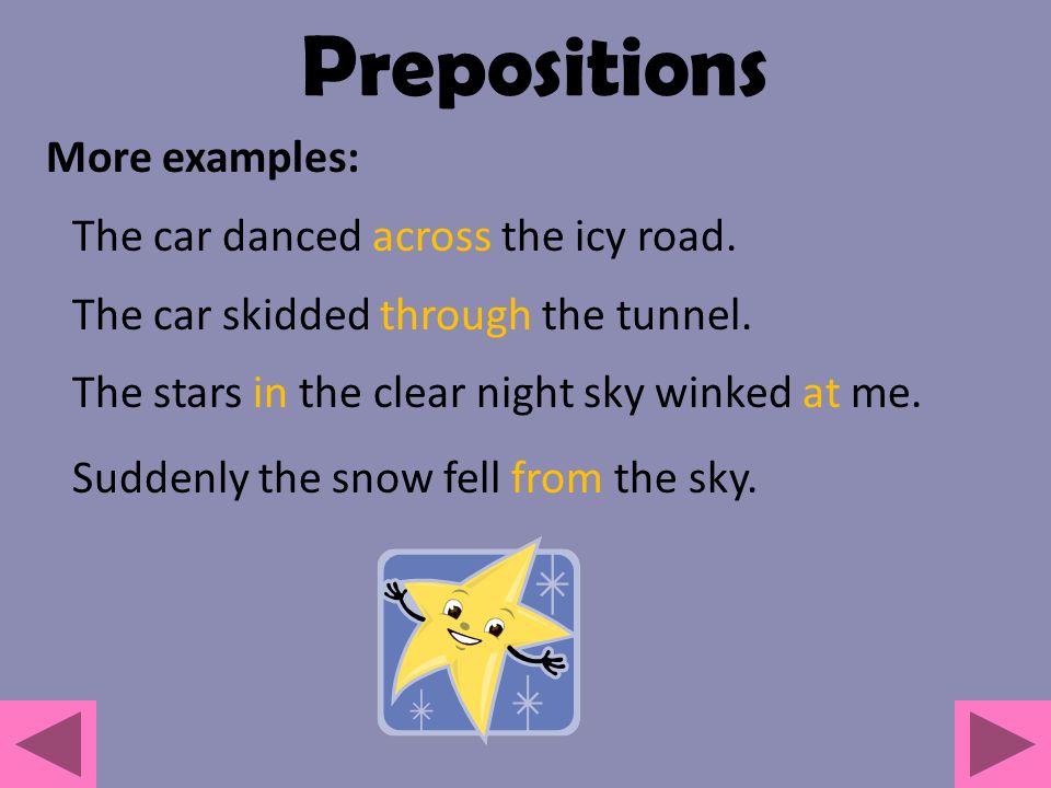 Prepositions More examples: The car danced across the icy road.