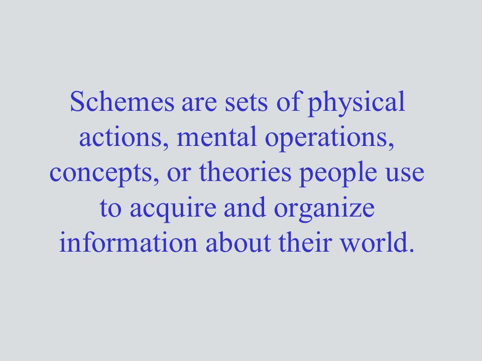Schemes are sets of physical actions, mental operations, concepts, or theories people use to acquire and organize information about their world.