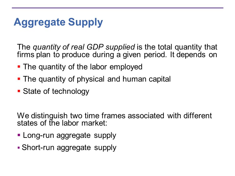 Aggregate Supply The quantity of real GDP supplied is the total quantity that firms plan to produce during a given period. It depends on.
