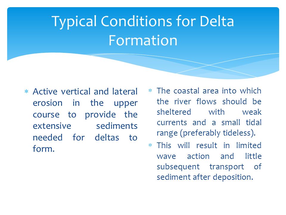 Typical Conditions for Delta Formation