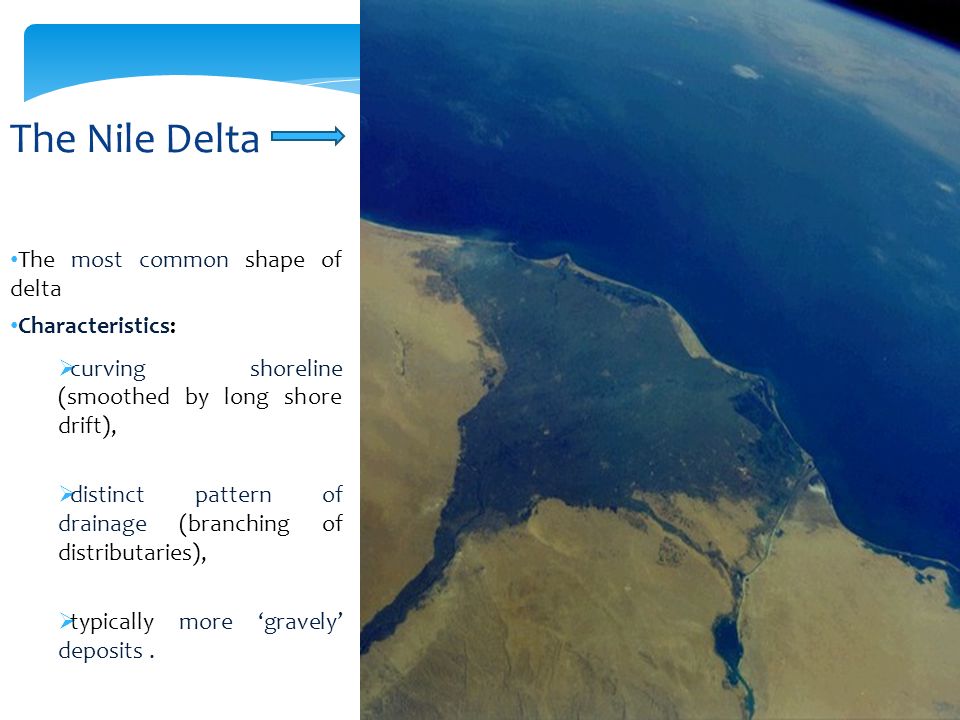 The Nile Delta The most common shape of delta Characteristics: