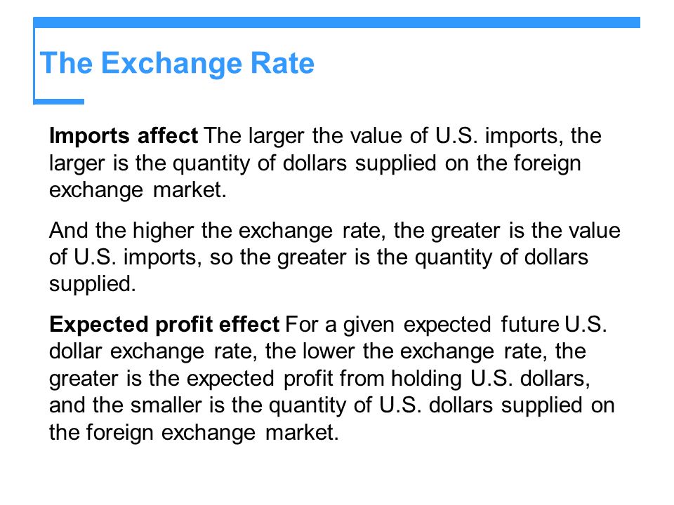 The Exchange Rate Imports affect The larger the value of U.S. imports, the larger is the quantity of dollars supplied on the foreign exchange market.
