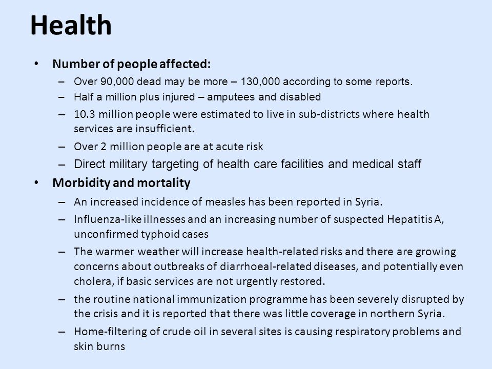 Health Number of people affected: Morbidity and mortality
