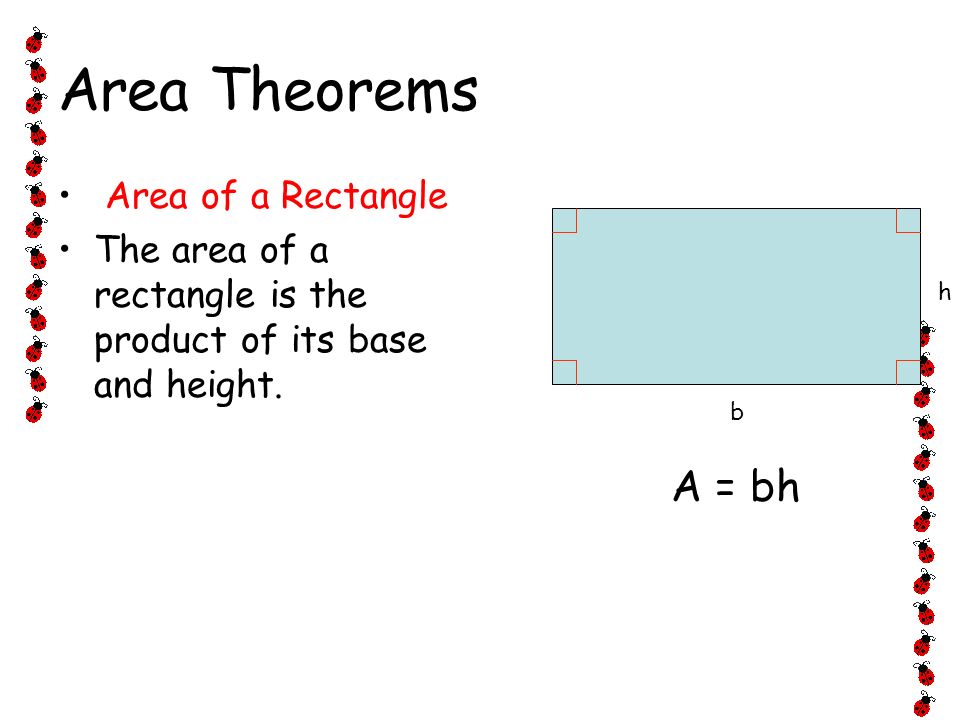 Area Theorems A = bh Area of a Rectangle