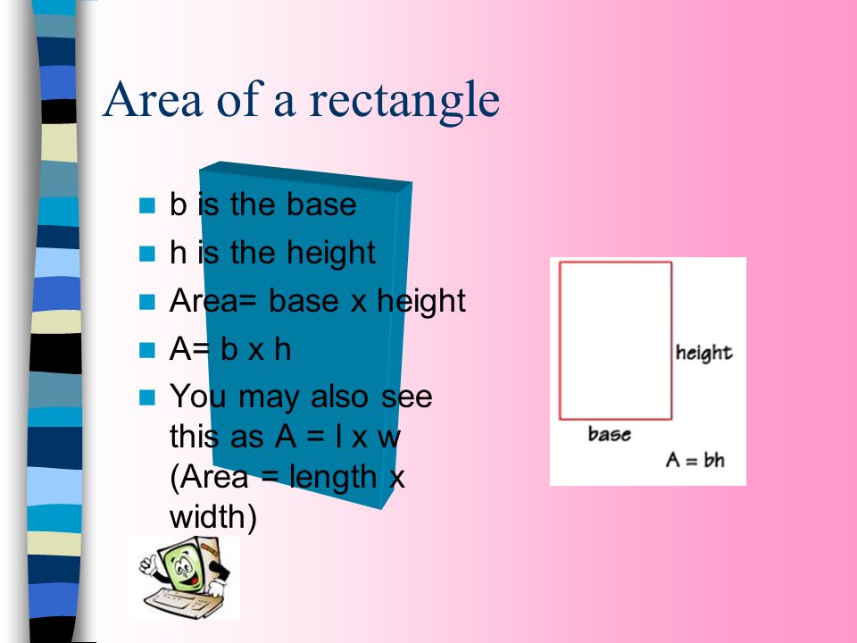 Area of a rectangle b is the base h is the height Area= base x height