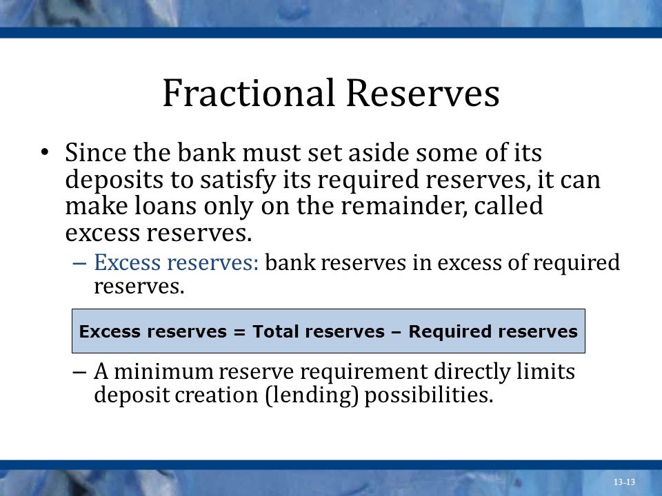 Excess reserves = Total reserves – Required reserves