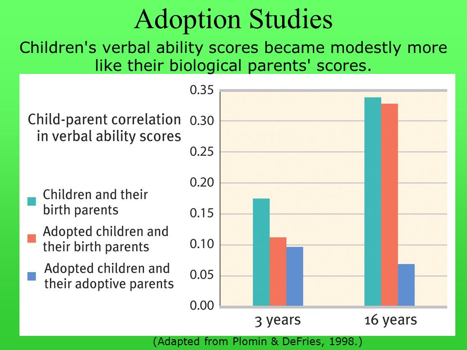 Adoption Studies Children s verbal ability scores became modestly more like their biological parents scores.